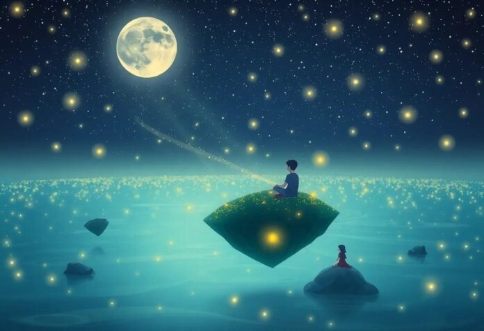 The Boy’s Magical Journey to the Floating Island of Fireflies at Night