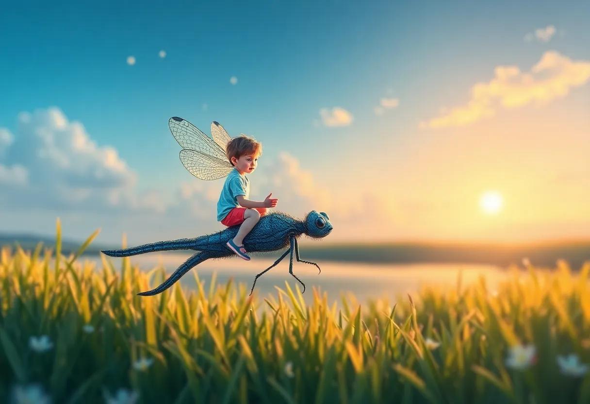 The Boy Meets a Glittering Dragonfly by the Meadow's Edge