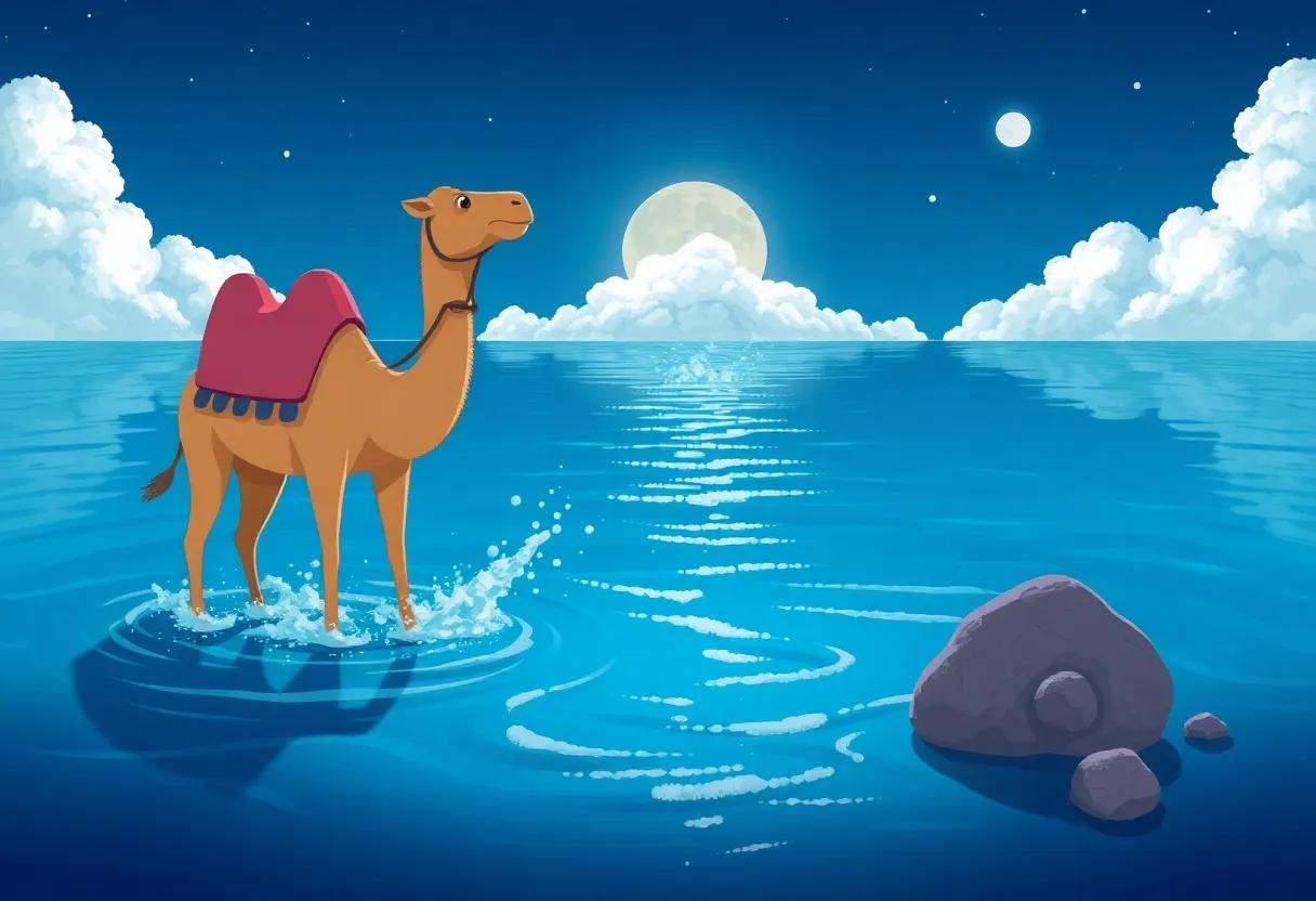 The Camel's First Splash in the Shimmering Sea