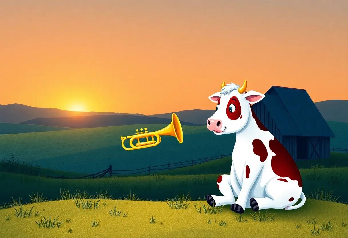 The Curious Cow ⁣and the Shiny Trumpet Sitting ‍by the Barn at Sunset