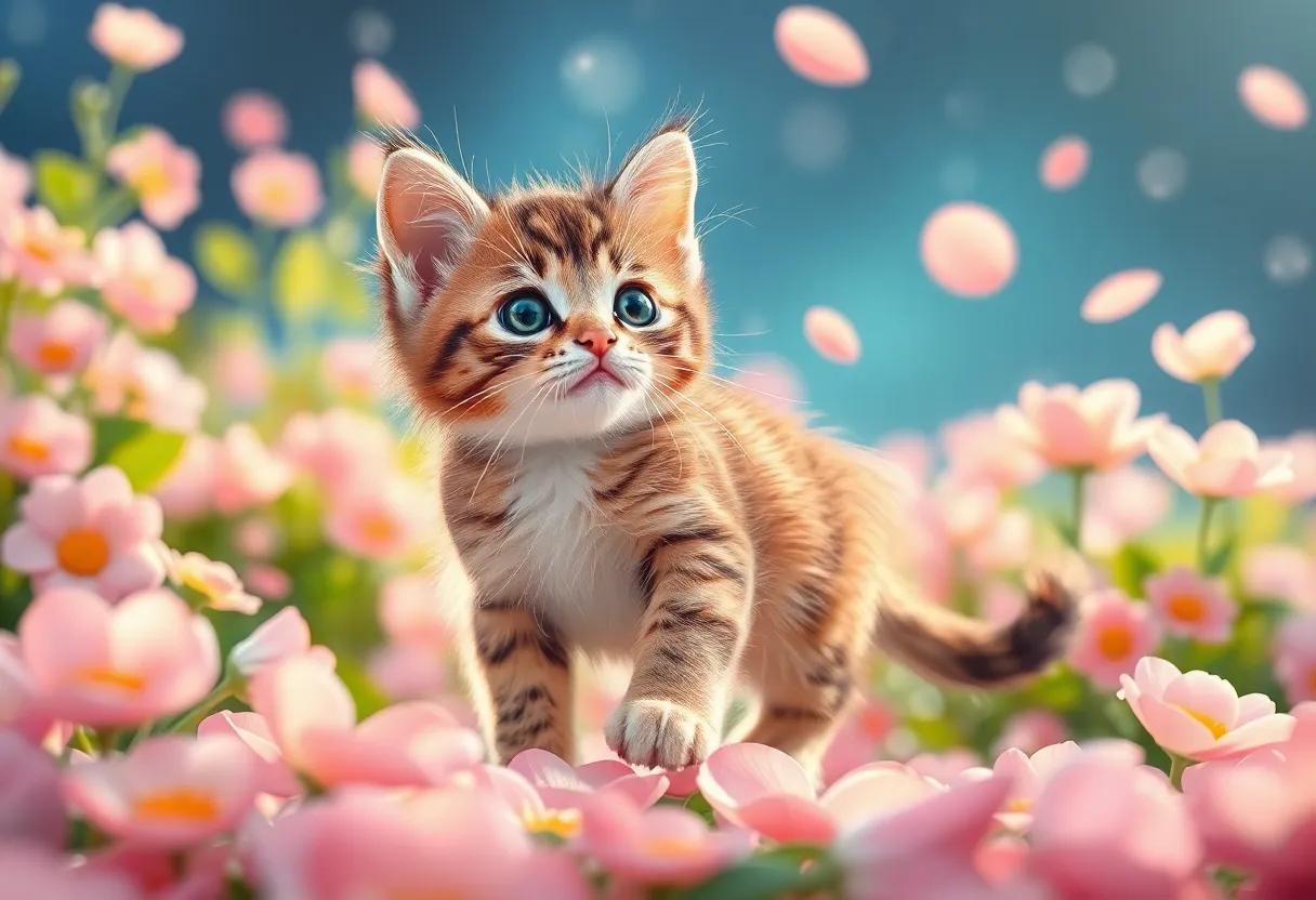 The kitten's Playful Dance with the Floating Petals