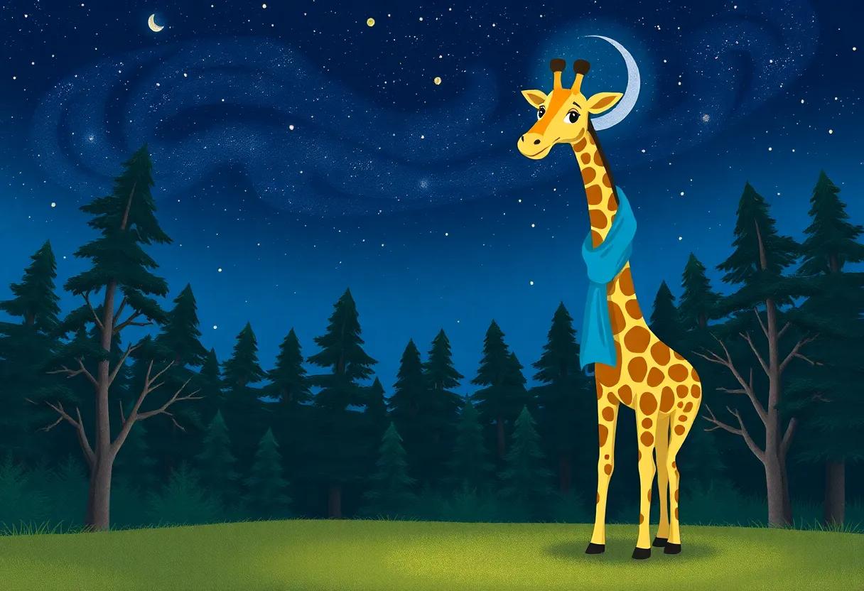 The Giraffe's Cozy Blue Scarf in the Moonlight Glow