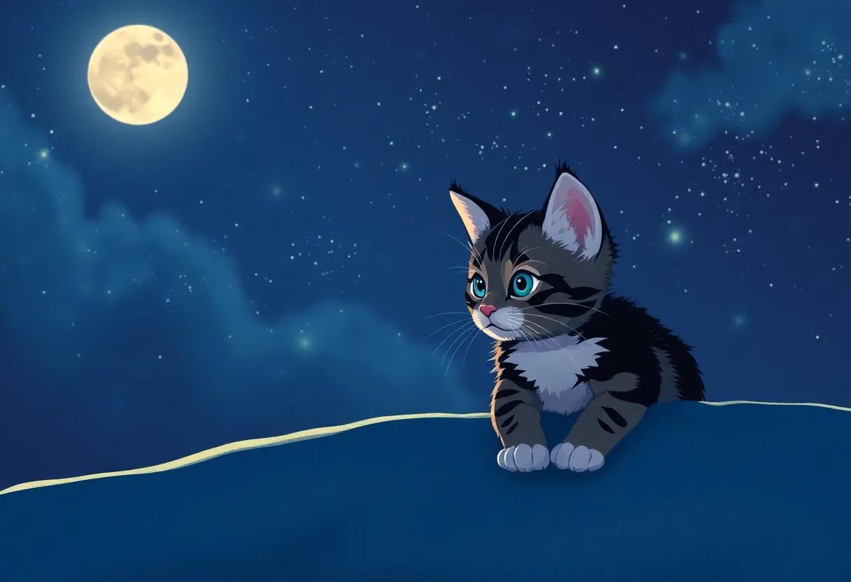The‍ Curious ⁢Kitten Under the ‍Moonlit‍ Sky