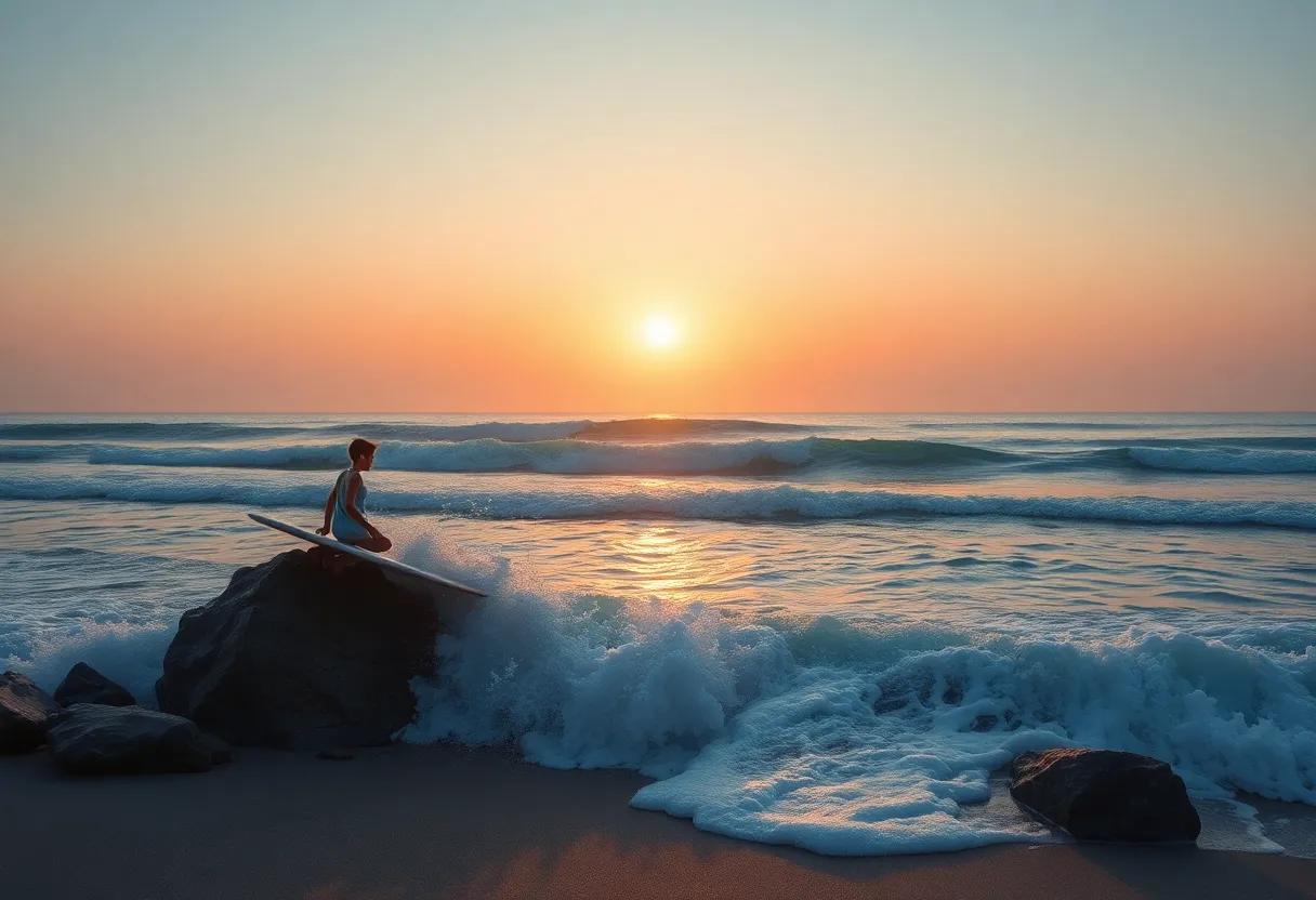 A Sunset Celebration on the Shore After the Big Wave Journey