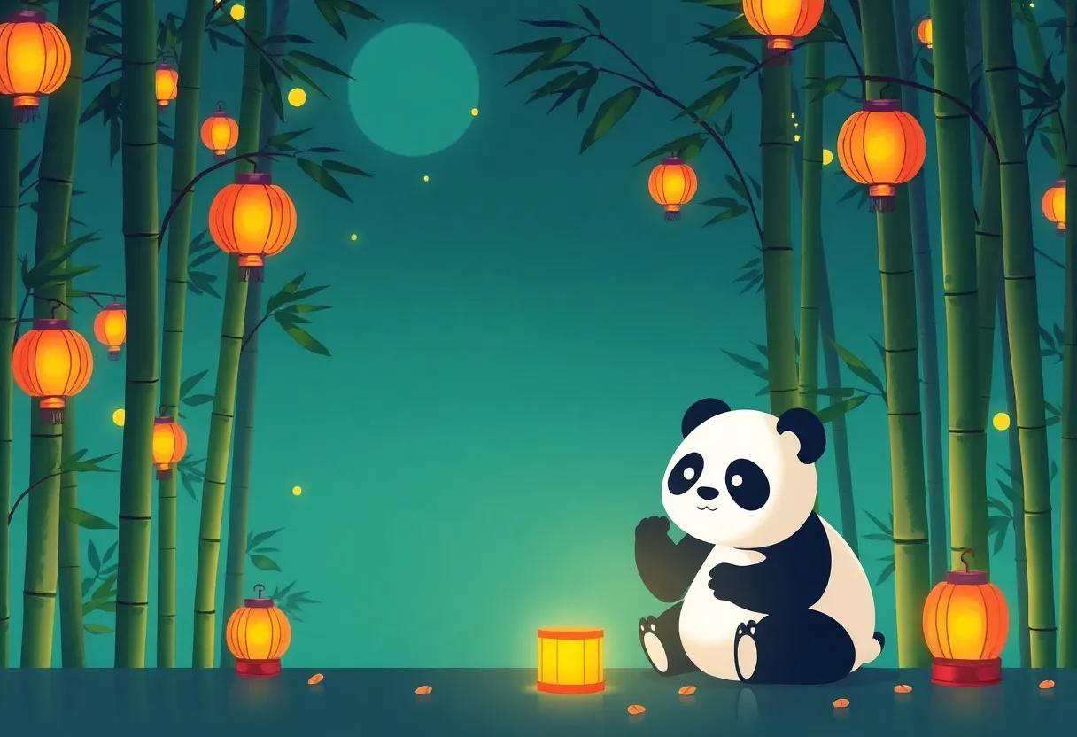 Lanterns Glow‍ Softly Amidst tall Bamboo Stalks