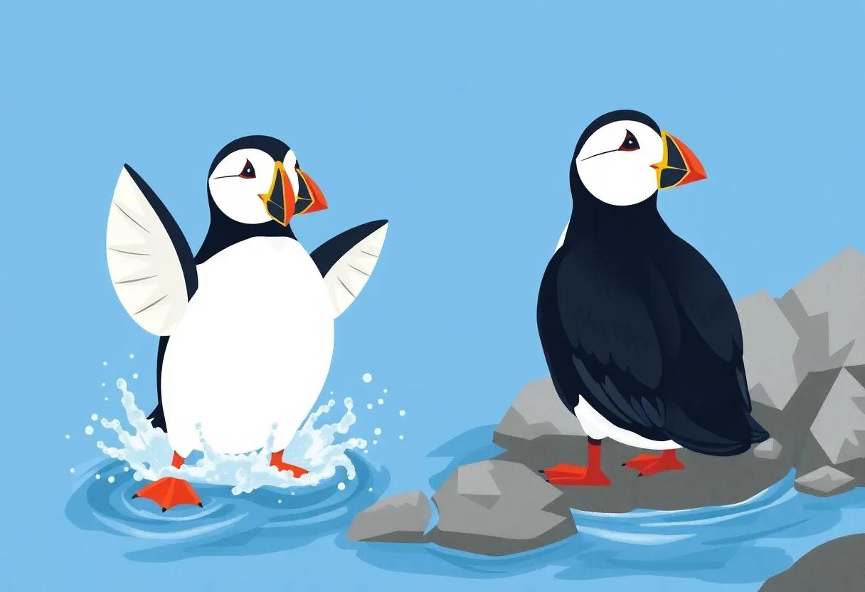 The‍ Puffin's Morning Splash by ‌the Rocky ‌Shore