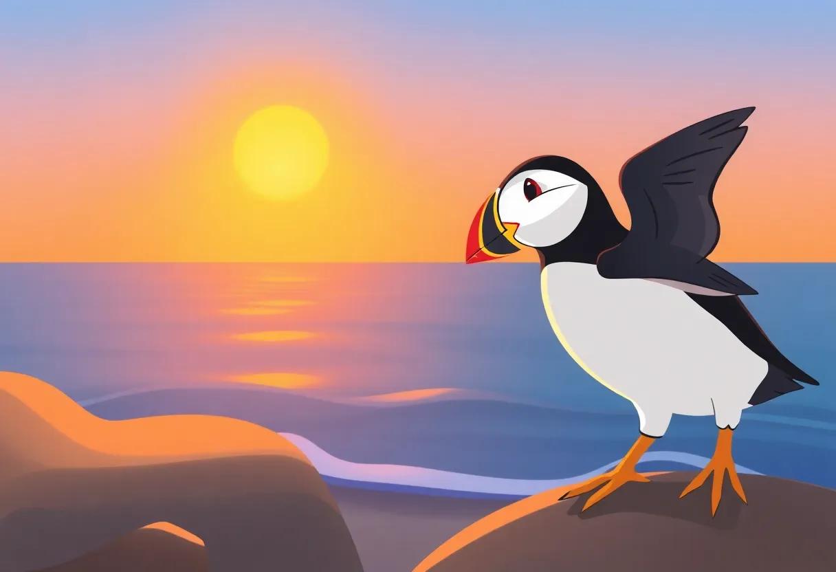Sunset Glow Lighting the Puffin's Playful ‍Path