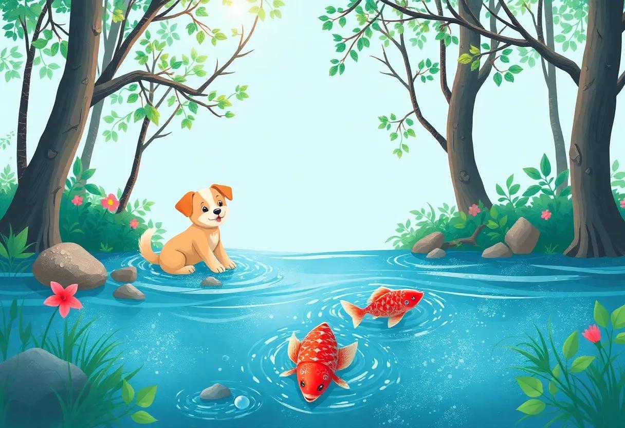 Bathing in the Crystal-Clear Stream with Glittering Fish