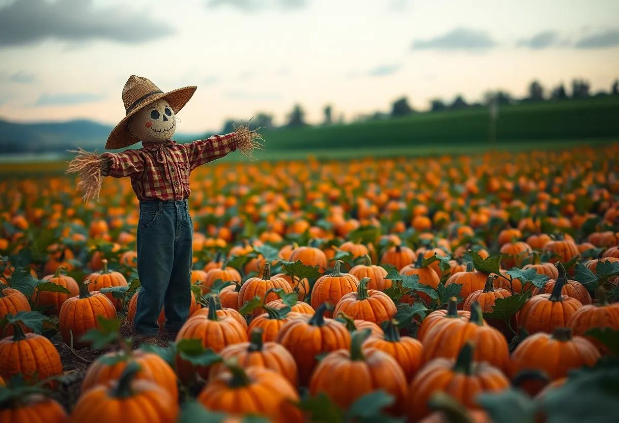 the lonely ⁢scarecrow⁢ standing⁢ tall in the pumpkin ‌patch