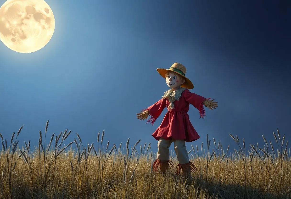 Moonlight casting‌ silver shadows on the dancing scarecrow