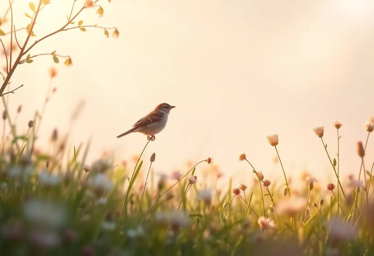 The Sparrow's Morning Awakening in a Sunlit Meadow