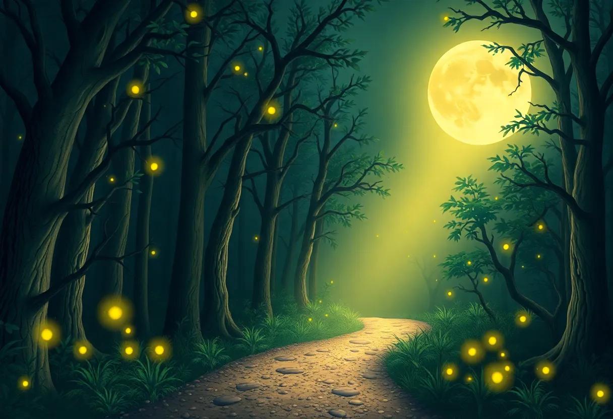 Moonlit Forest Pathway Illuminated by Magical Fireflies