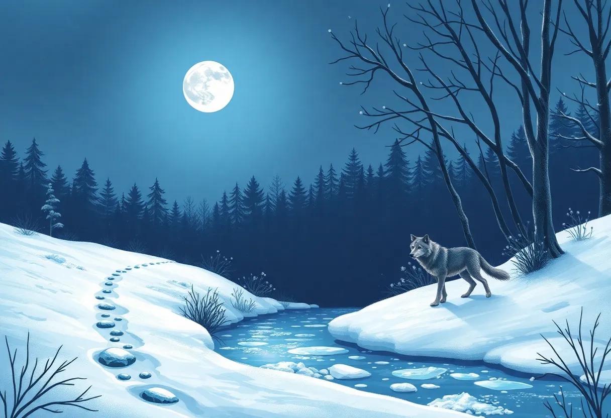 A Hidden Frozen Stream Sparkling with Moonlight Reflections