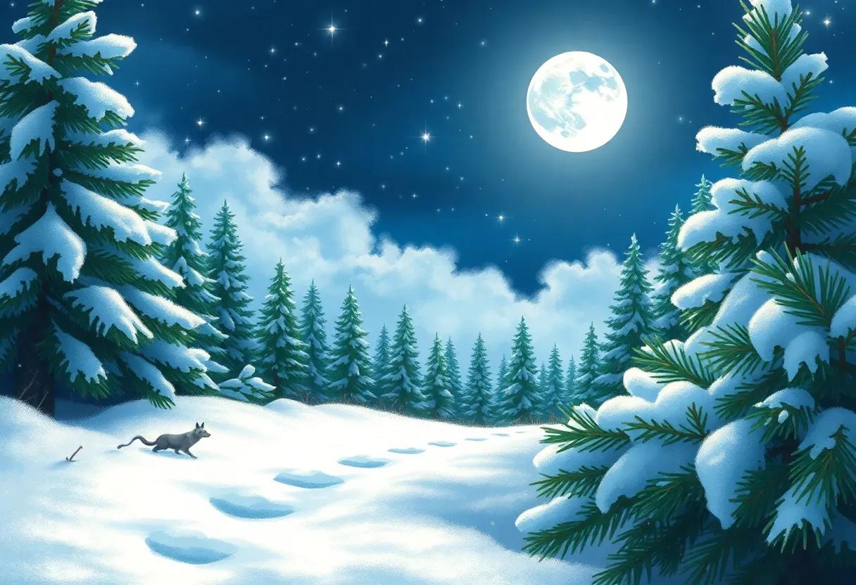 Glowing Crystals Nestled Among Snowy Evergreen Needles