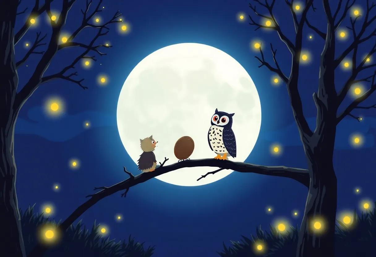 The Owl's Storytelling Circle ​Illuminated by Fireflies