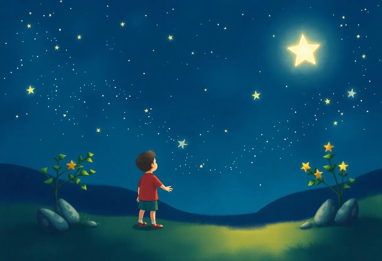 The boy's Heartfelt Wish Carried by a Star's Soft Glow