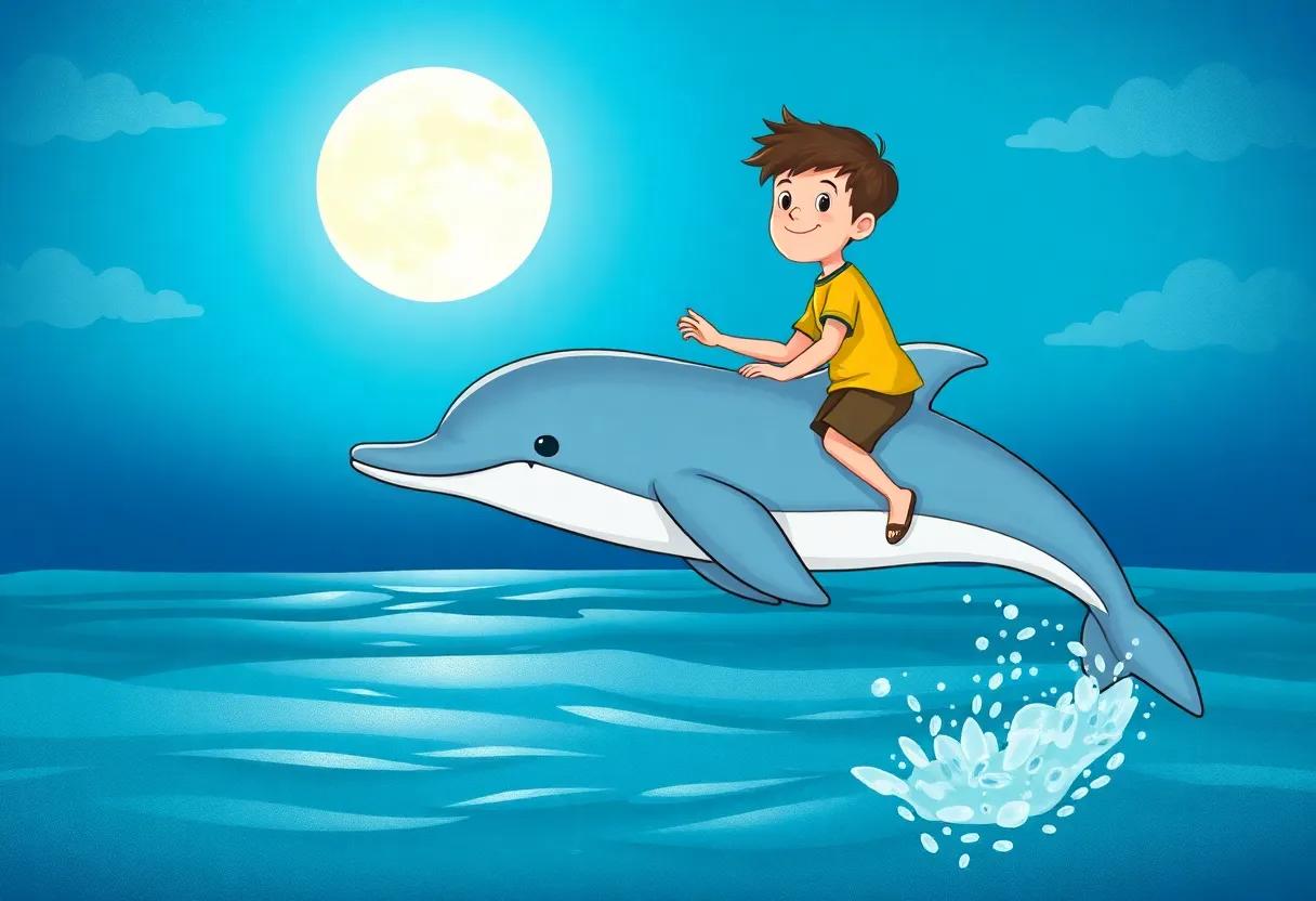 The Boy Meets the Enchanted Flying Dolphin Under the Moonlight