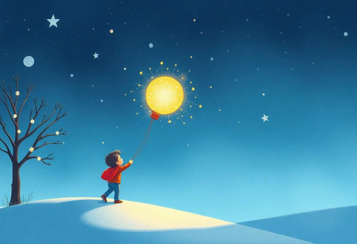 The ​Boy Discovers the Glittering Balloon in the Winter‍ night