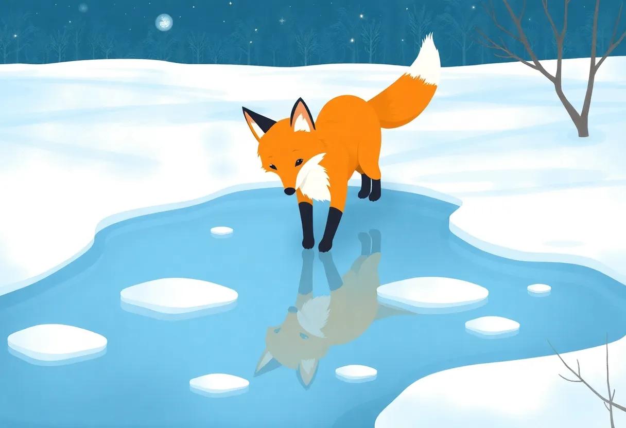 The fox's Gentle Paw Steps on the Glassy Surface