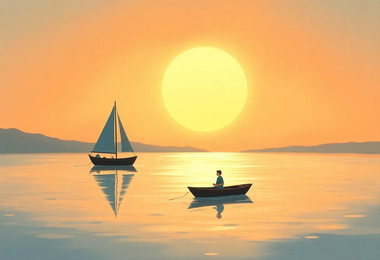 A Lone Boat Drifting Through Soft Evening Glow