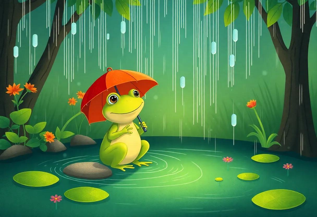 Raindrops Begin to Fall on the Lush Green Pond