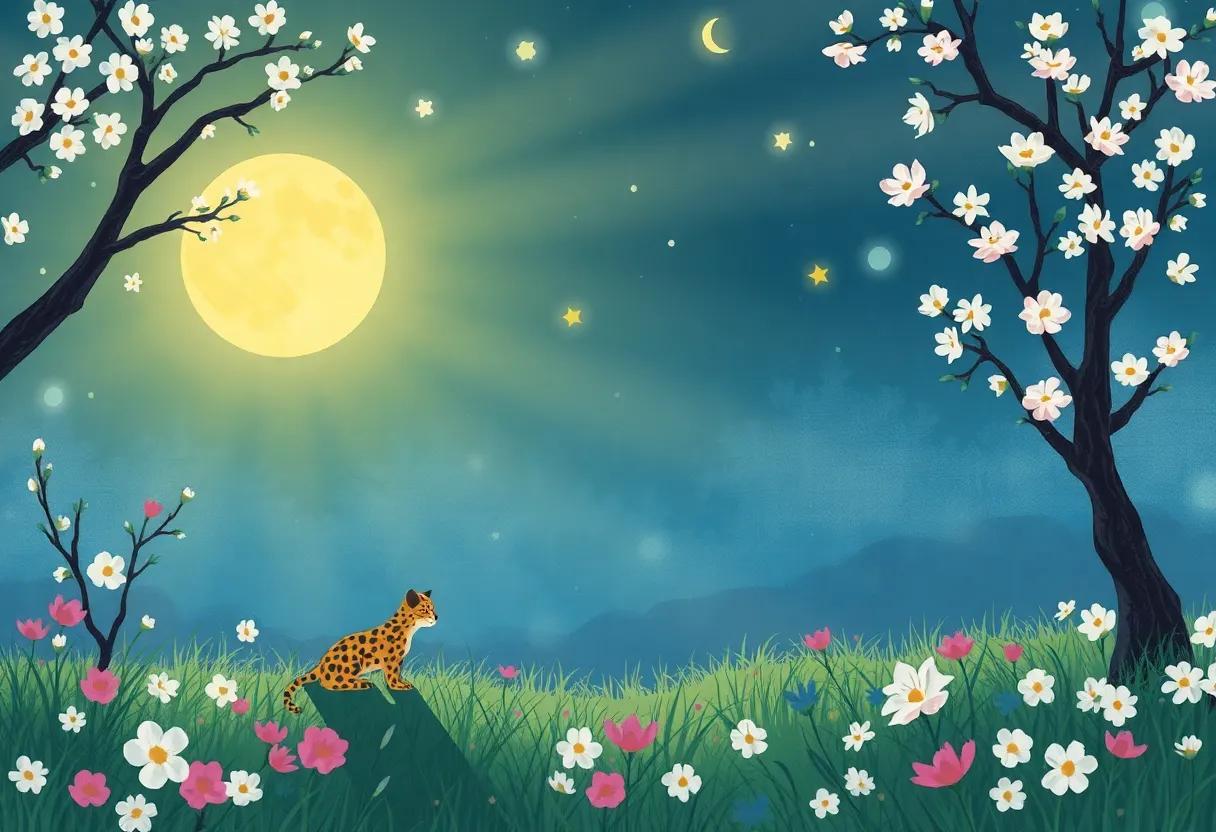 A Hidden Meadow ‌Bathed in Moonbeams​ and blossoms