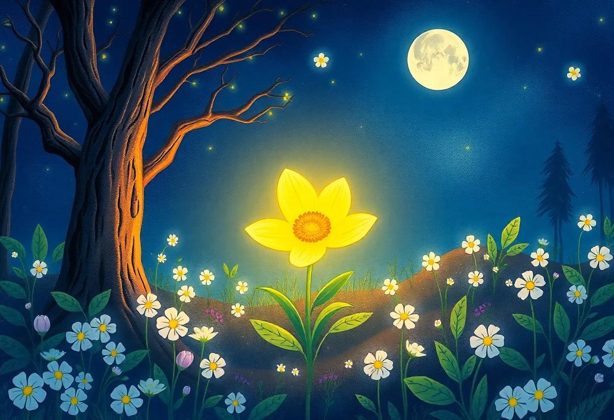 The discovery of the Enchanted Blossom in the Moonlit forest