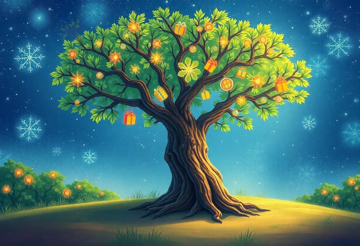 The Ancient Tree with Glittering Leaves