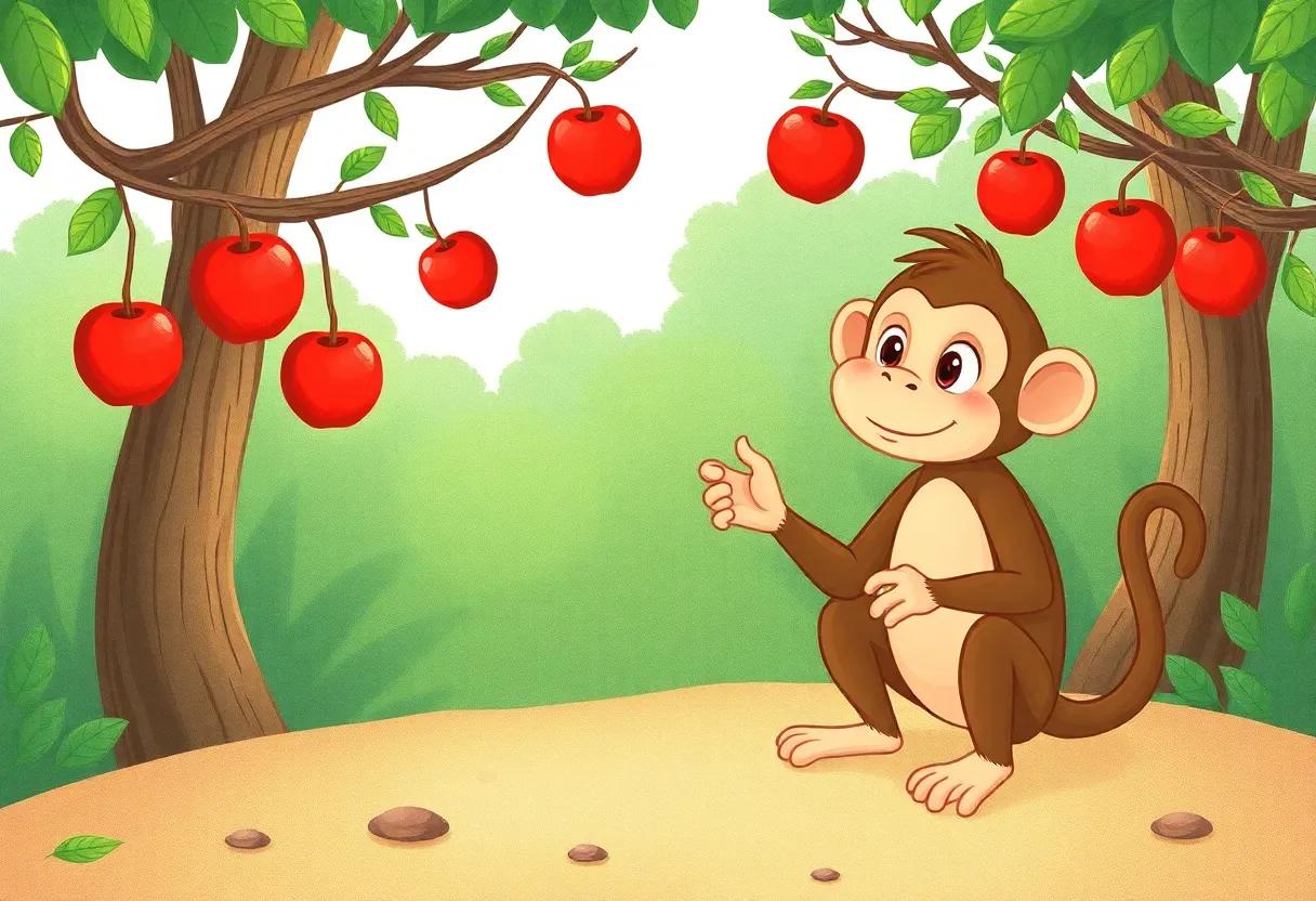 The Curious Monkey Discovering​ Juggling Apples in the enchanted Forest