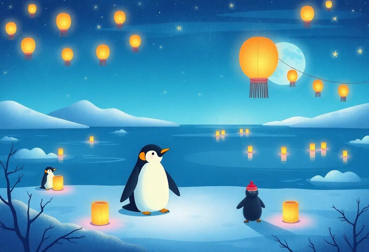 A Nighttime Parade of Lanterns Floating Across the Frozen Lake