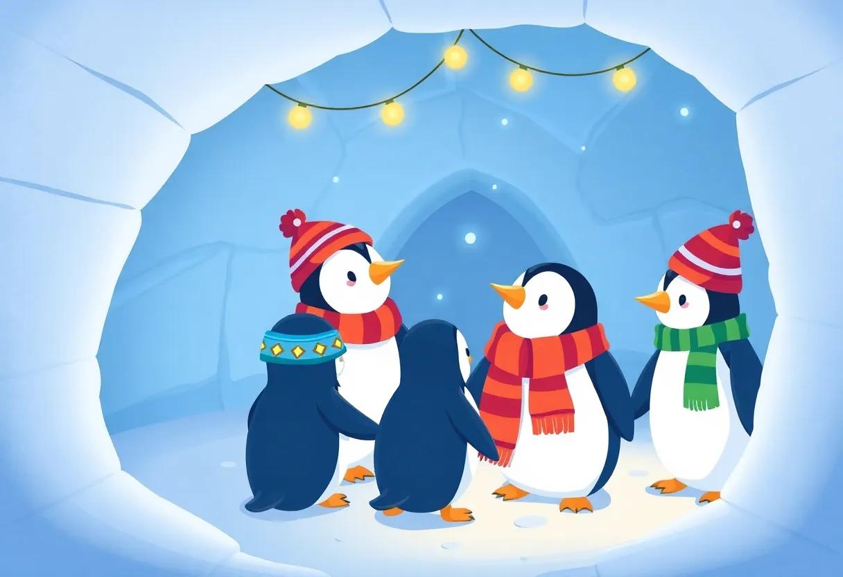 Penguin Friends Gather with colorful Scarves and Hats