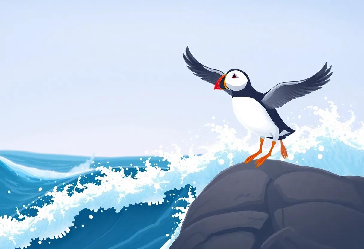 The Playful ‍Puffin's Flight Dance Over Crashing Waves