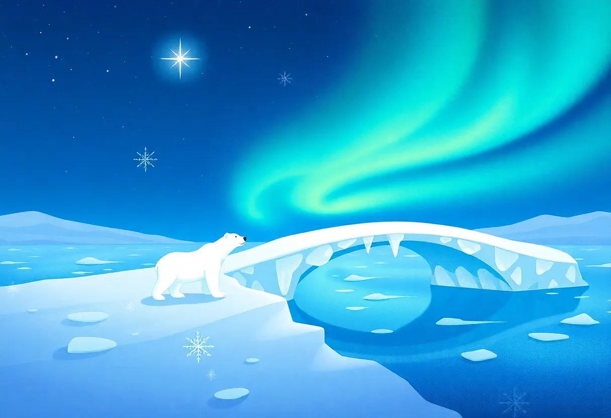 Crossing the Crystal Ice Bridge Beneath the Aurora Glow