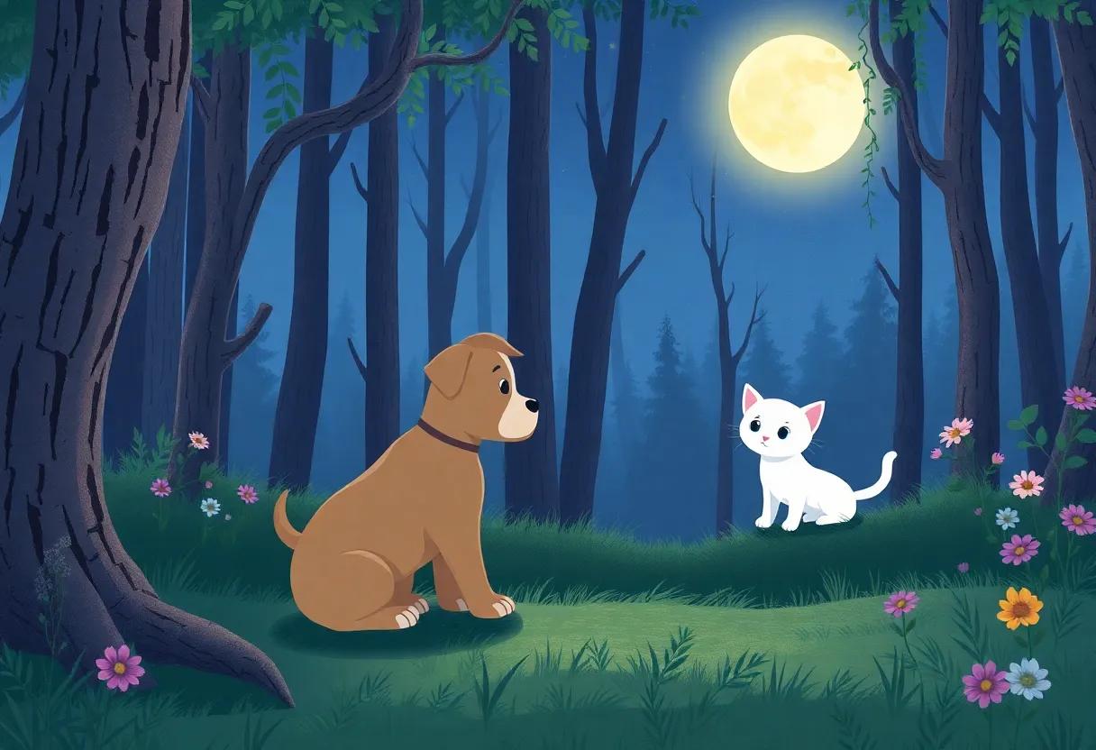 The Puppy's First Steps into the Moonlit‌ Forest