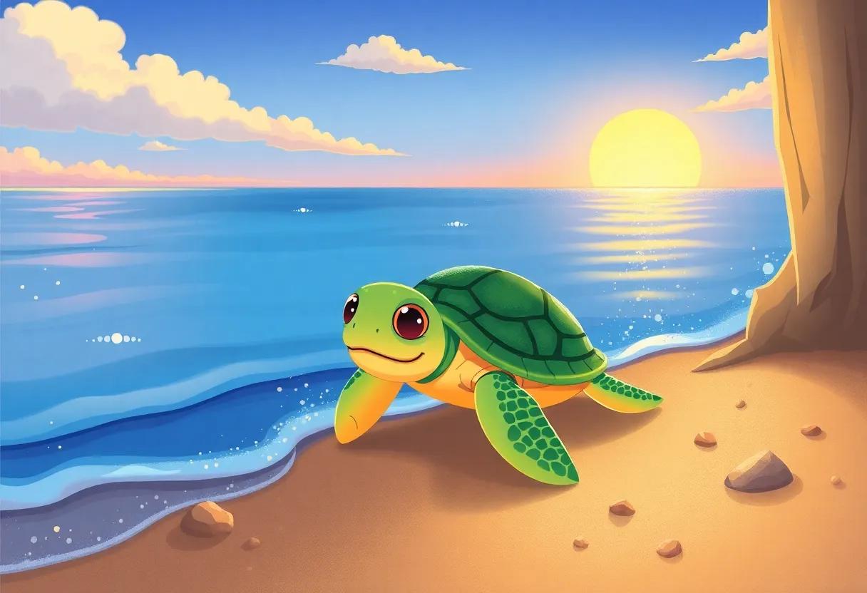 Tilly Turtle Sets Off at‌ Sunrise on a Sparkling Shore