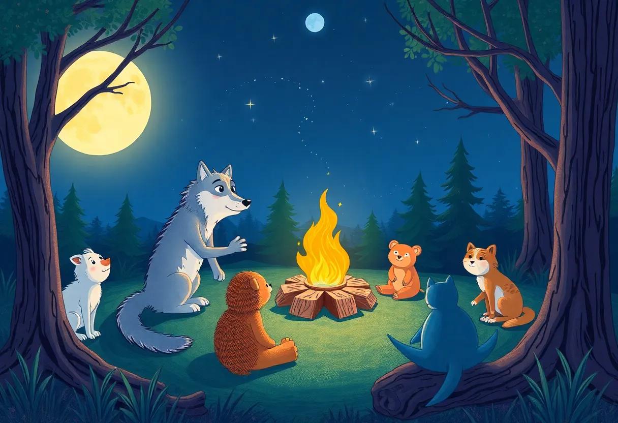 A Gathering of Forest Creatures Around the Glowing Campfire