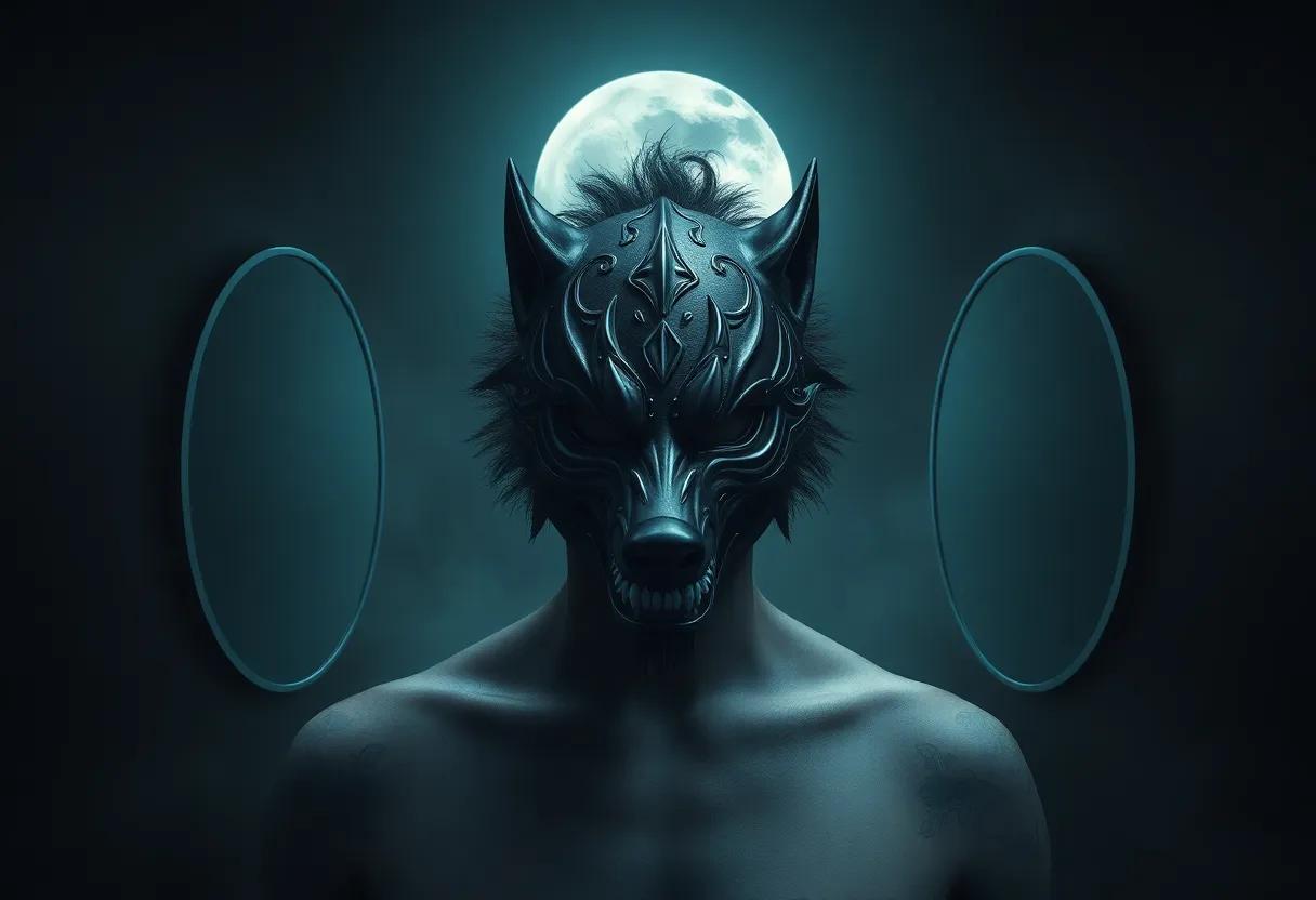 The modern curse shown with mirrors tattoos and a wolfish mask in moody moonlight