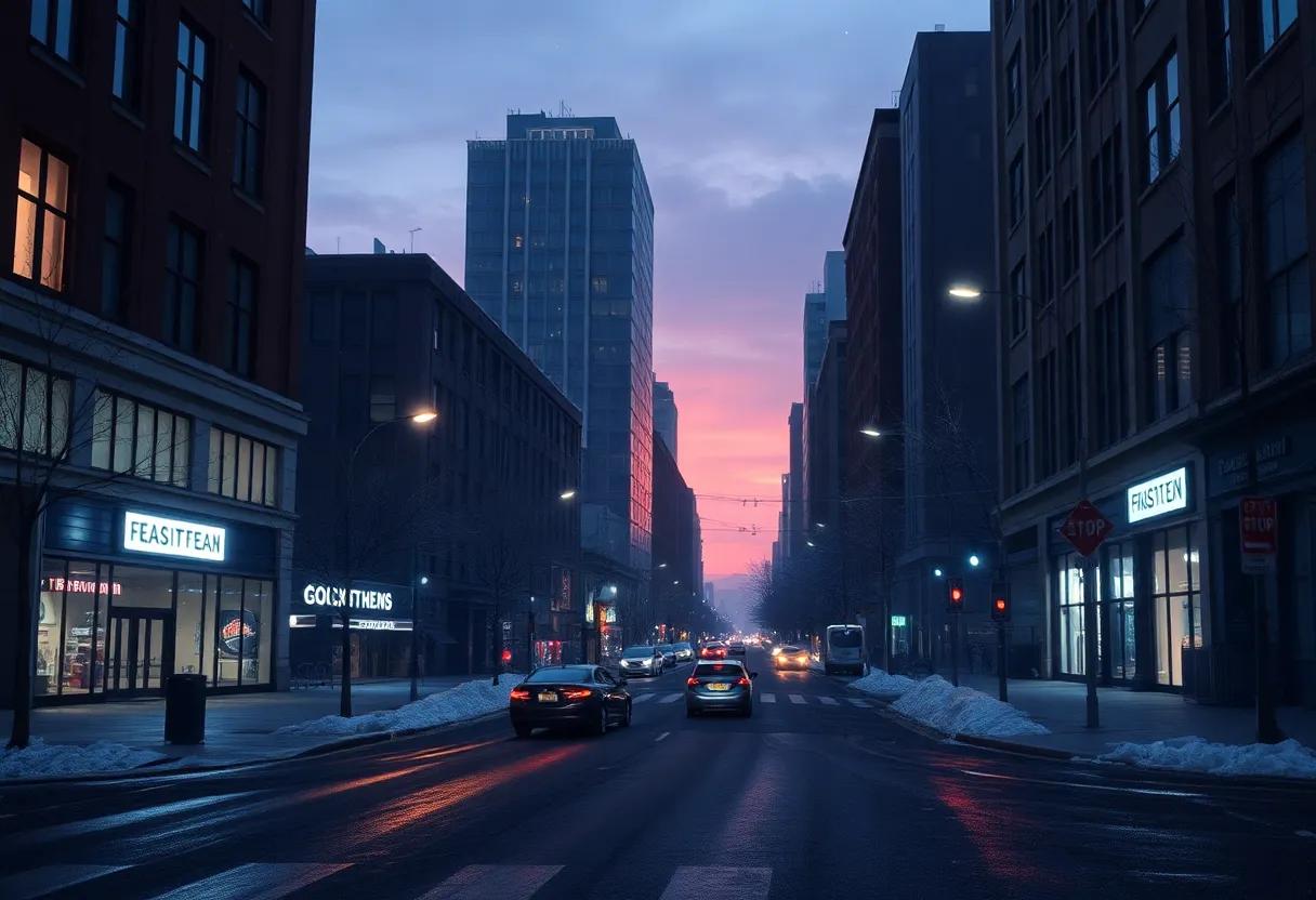The use of metropolitan winter light to mirror inner change and lonely streets at dusk