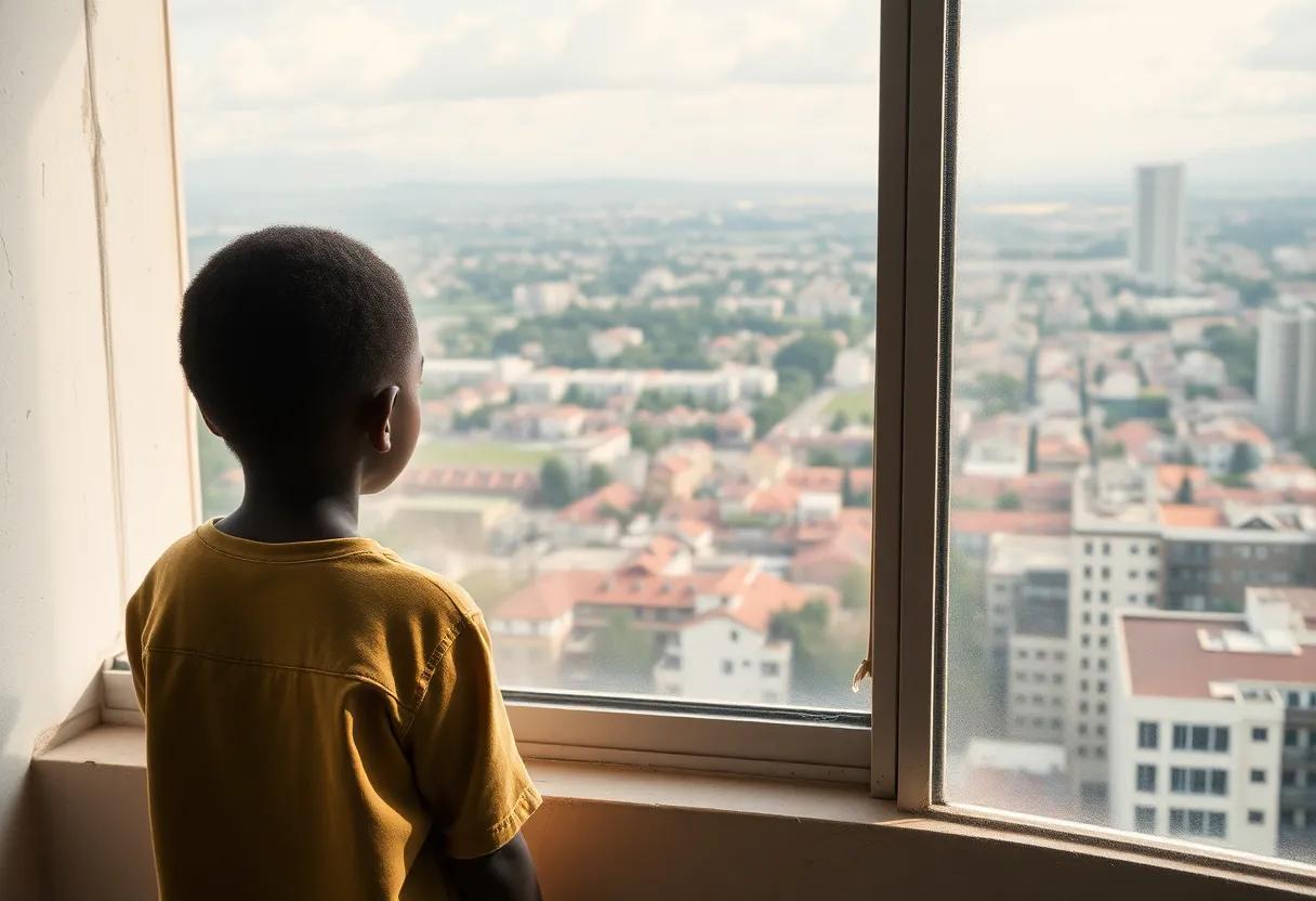 A child looking out a high rise window dreaming of schoolyards and a different future
