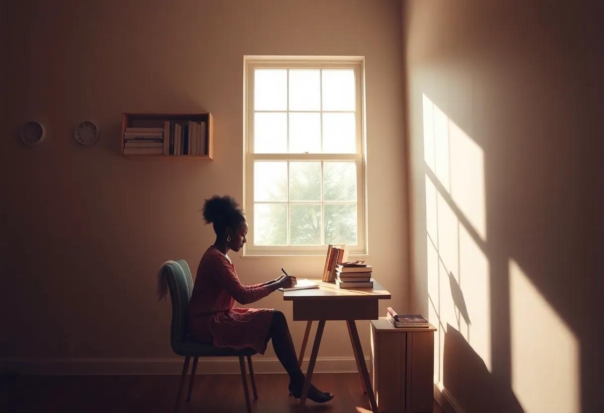 Imbolo Mbue at a small desk in a sunlit room writing stories of longing and resilience