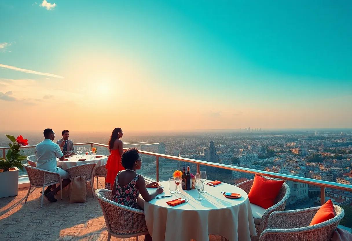 A lavish summer party on a terrace overlooking the city where money hides fractures