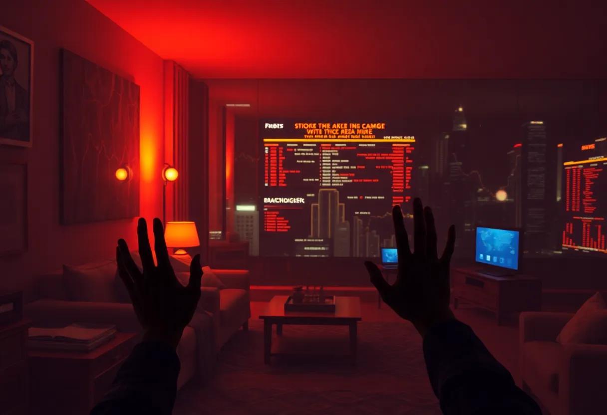 The stock market crash portrayed through glowing headlines and trembling hands in living rooms