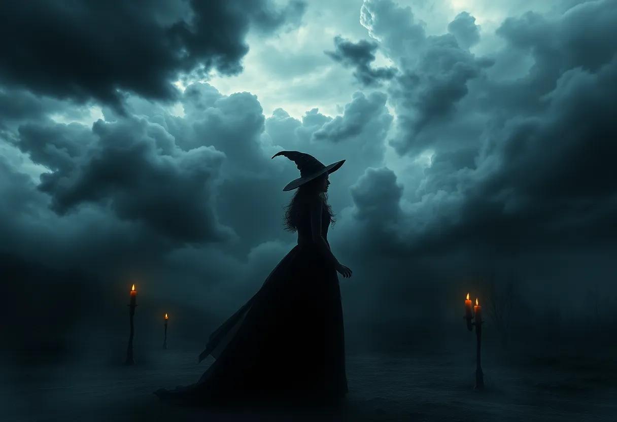 A young witch finding her voice against ​a stormy sky and candlelit rooms