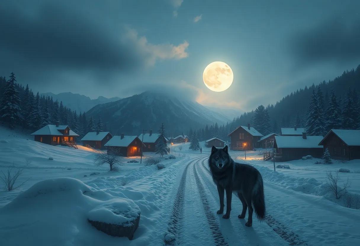 Moonlit mountain town and the wolf packs that haunt its snow soaked streets