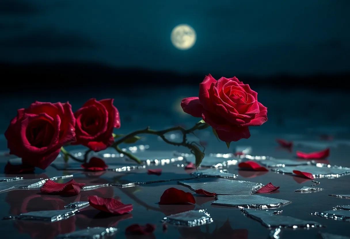 Symbolic imagery like blood roses moonlight and broken silver reflected in scenes