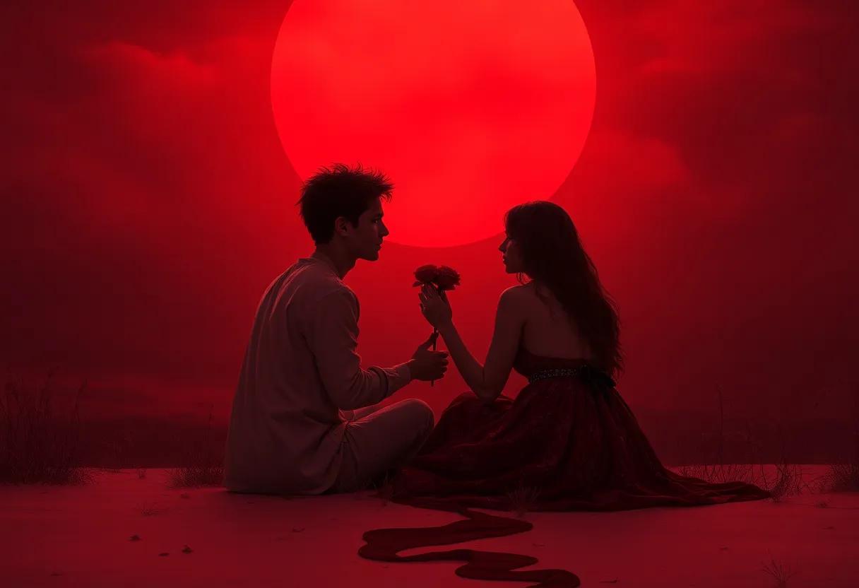 Young lovers caught between pack rules and forbidden desire‌ under a​ red sky