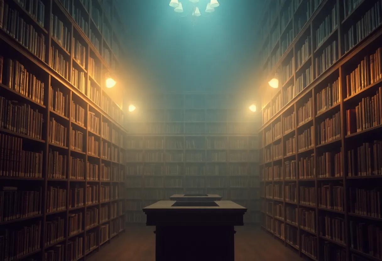Dusty bookshelves and gaslight shadows where gossip and clues quietly mingle