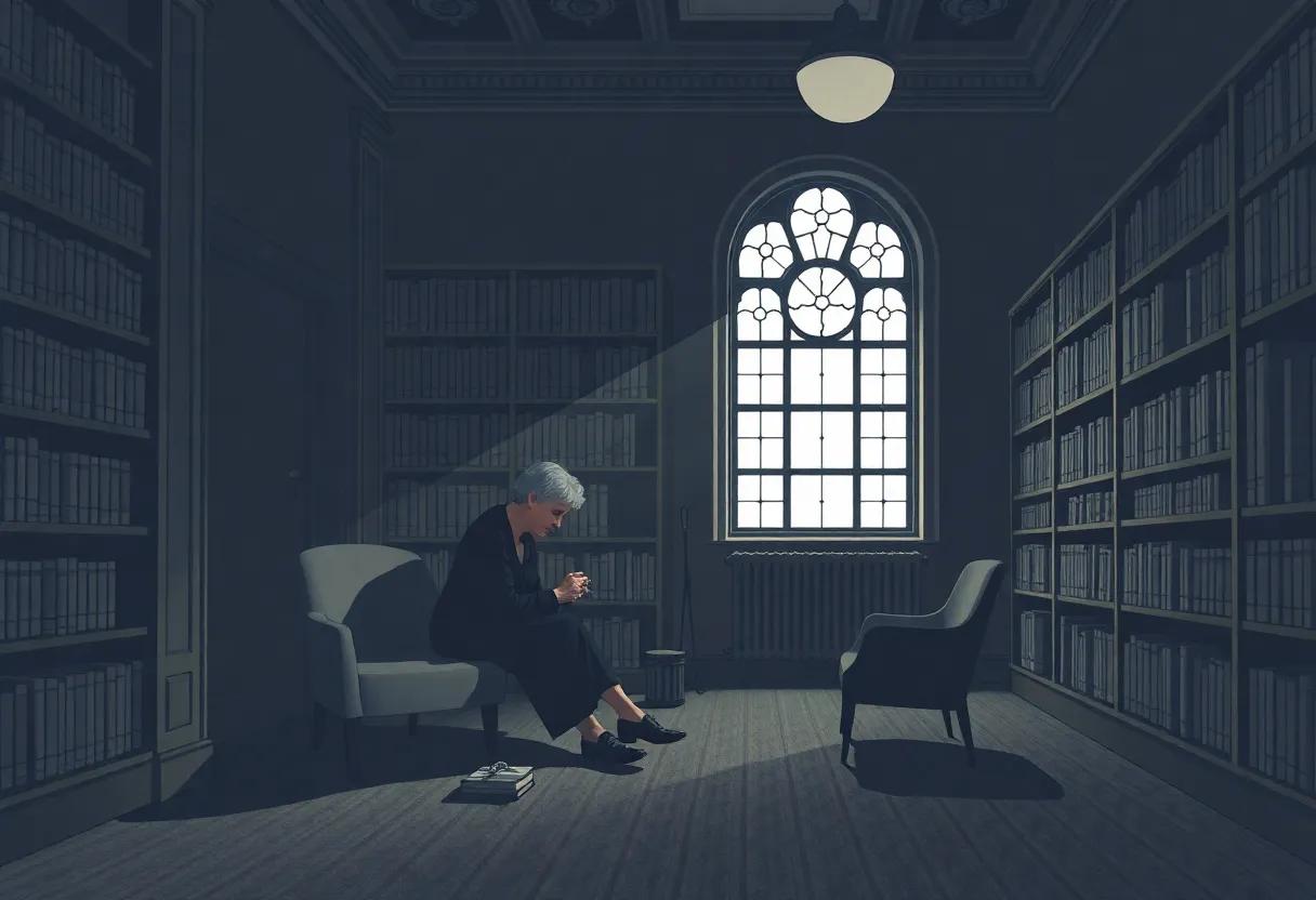 Miss Marple knitting in the corner while sharp eyes pick apart polite lies