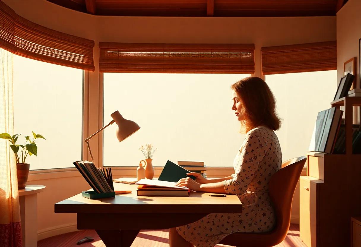 meg Cabot at a sunlit writing desk conjuring warm sarcastic characters and heartfelt scenes