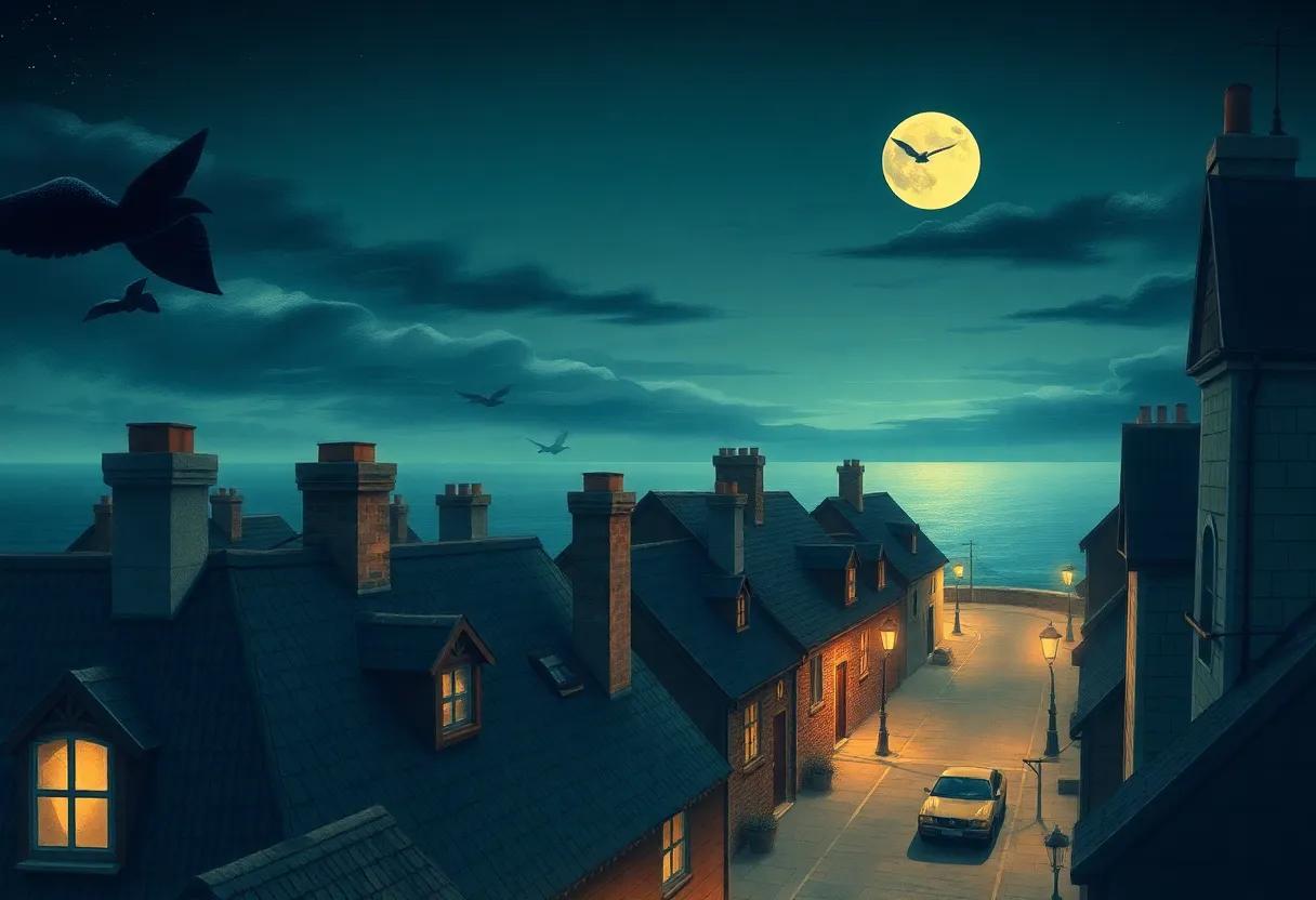 A cozy seaside town ⁤setting with chimneys roofs and moonlit harbor⁣ streets